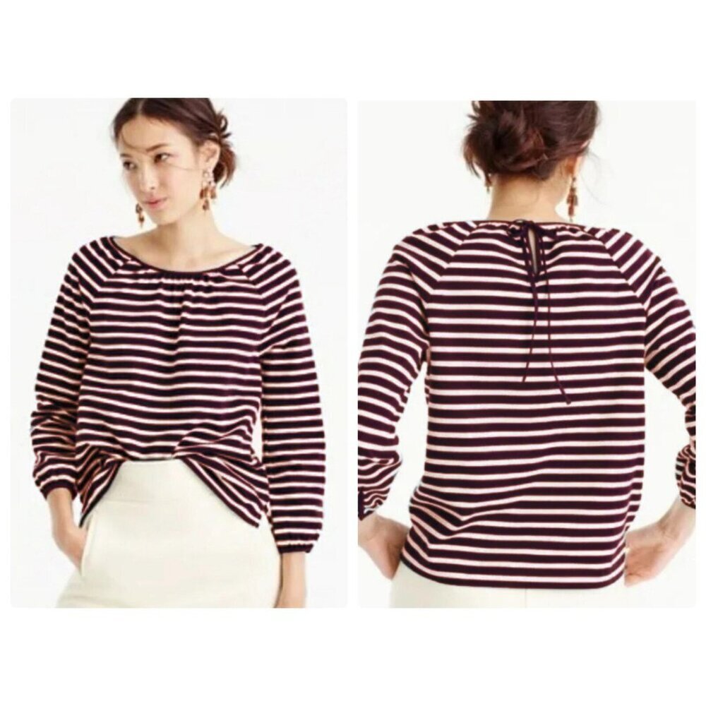 J.Crew merlot & cream striped long sleeve tie neck key hole top Small